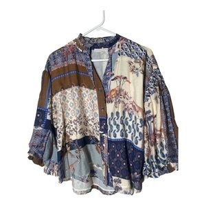 Boho Patchwork Floral Button-Up Blouse in Blue and Brown